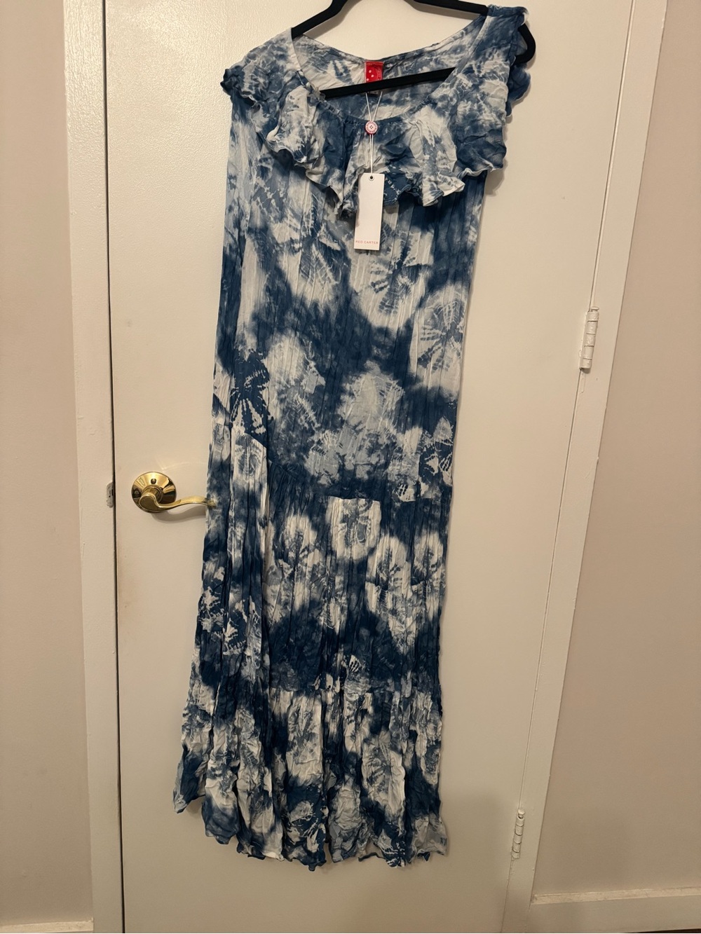 Red Carter One Shoulder Tie-Dye Maxi Dress with Ruffle Neckline NWT
